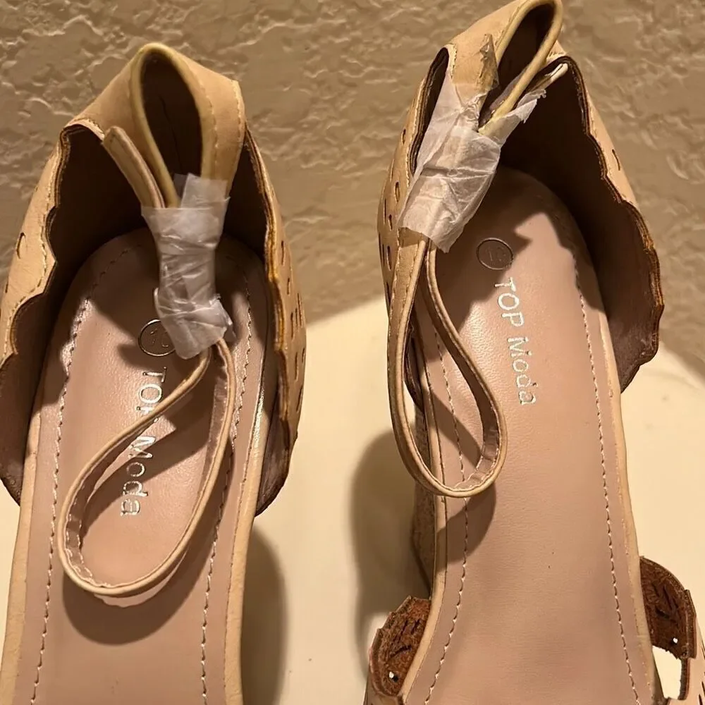 Top Moda Women's 10 Laser Cut Strappy Wedge Heel Beige Tan Neutral Coastal Beach
